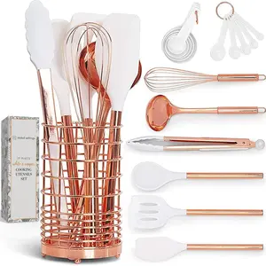 White Silicone & Copper Kitchen Utensils Set with Holder - 17 PC Rose Gold Kitchen Utensils Set Includes White & Copper Measuring Cups and Spoons & Copper Utensil Holder - Copper Kitchen Accessories STYLED SETTINGS