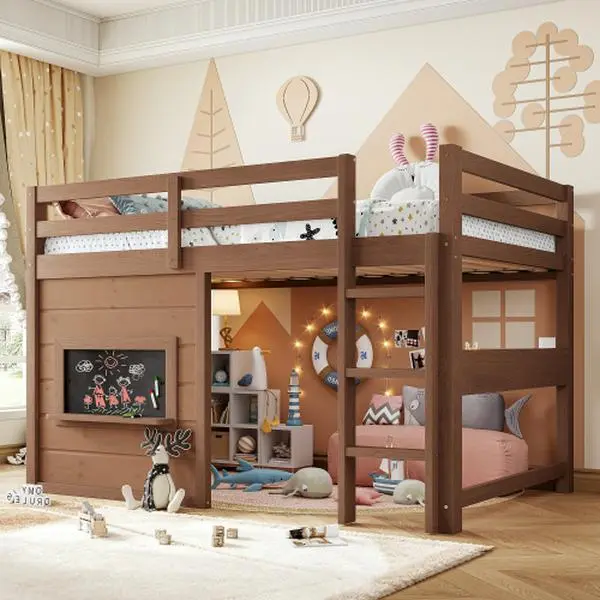 【Bellemave】Twin /Full Size loft bed with a playful sliding chalkboard, built-in bookshelf, and high-quality safety rails 【Bellemave】Twin /Full Size loft bed with a playful sliding chalkboard, built-in bookshelf, and high-quality safety rails