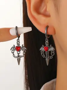 Gothic Bat Heart Earrings, Silver Color/ Metal Pointed Dangle Studs, Unisex Jewelry, Fashion Accessories for Men and Women