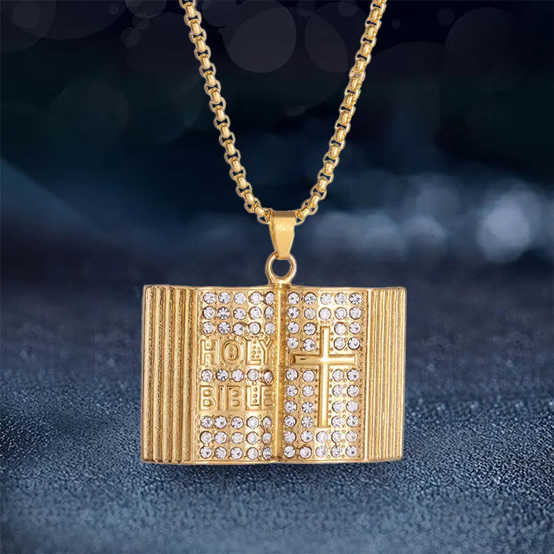 Vintage Bible Book Cross Pendant Necklace - Crucifix, Crystal, Gold-Toned, Jeweled, Religious Design Necklaces for Men, Women - Christian Jesus Amulet Jewelry Gift for Birthdays, Christmas, Crucifix Necklaces