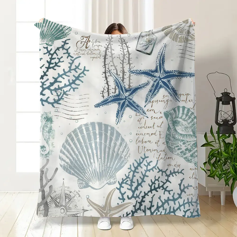 Coastal Beach Flannel Bedding Blanket - Vintage Seashell Print, Double-Sided Polyester, Lightweight Cozy Sleeping Throw, Wrinkle-Resistant, Fade-Resistant, Durable, Breathable, Modern, All Seasons, 60*80 in, Decorative for Nautical Lovers, Blanket Gifts