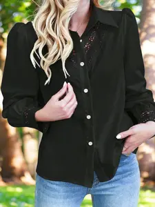 Women's Fashion Lace Shirt, French Cutout Patchwork Commuter Top, Casual Versatile Daily Wear, Long Sleeve Plain Design