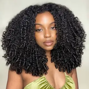 Pobokix Burmese Curly 3 IN 1 Half Wigs Human Hair Glueless Wig Human Hair Half Wig Drawstring 200% Density Burmese Curly Hair Half Wig For Women