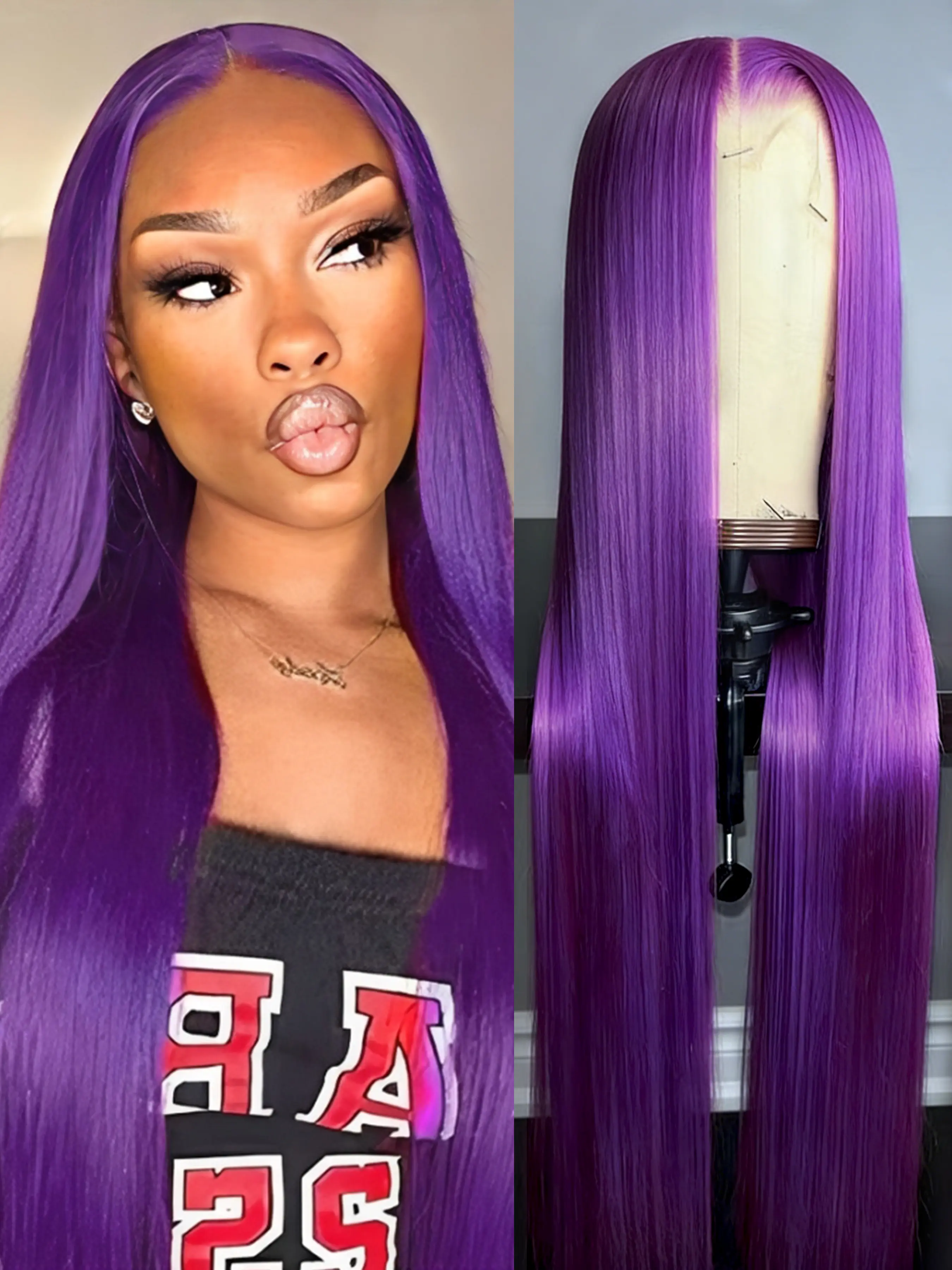 Purple Straight Synthetic Wig Long Silk Hair No Knotted Heat Resistant HD Fiber Lace Front High Quality Wigs Synthetic Material Wigs for Unisex Use Grape Purple Color Hair for Cosplay Makeup Wear Role Play Wig Synthetic Hair Pieces
