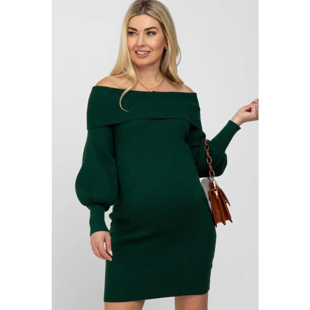 Forest Green Off Shoulder Bubble Sleeve Maternity Sweater Dress