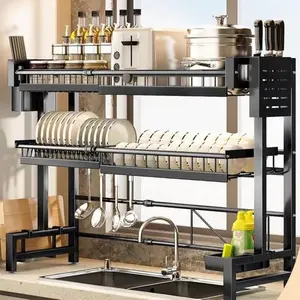 Stainless Steel Over Sink Dish Drying Rack Space Saving Dish Drainer with Utensil Holder Multifunctional Kitchen Counter Organizer and Storage Shelf for Home