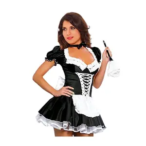 XS-5XL Plus Size Low-cut Neckline French Maid Outfit with Short Sleeves and Lacy Details
