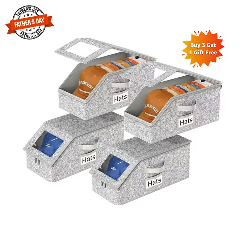 PVC Rectangle Hat Organizer Storage Boxes with Lid - Stackable to Save Space, Dustproof, Holds Up to 24 Baseball Caps, Eco-Friendly Durable Cardboard, Classic Clothes Wardrobe Organizer for Men, Grey (Suitable for Bedroom), Stacks To Save Space