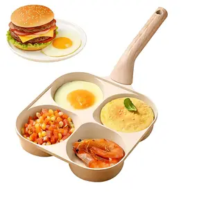 Non-stick 4-hole egg frying pan/skillet with wooden handle — multifunctional breakfast pan for pancakes, omelets, burgers, and more — compatible with small induction and gas stoves, easy to clean, ideal gift