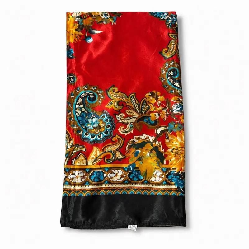 Large Satin Square Scarf – Red Floral Paisley Print with Black Border – Fashion Head Wrap