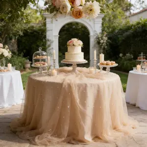 2-piece set of champagne colored pearl mesh table flags, Table runner, Overlay Table Cover, suitable for holiday party ceremonies, bridal headbands, hand-held flower packaging, dessert tables, perfect for spring themed weddings