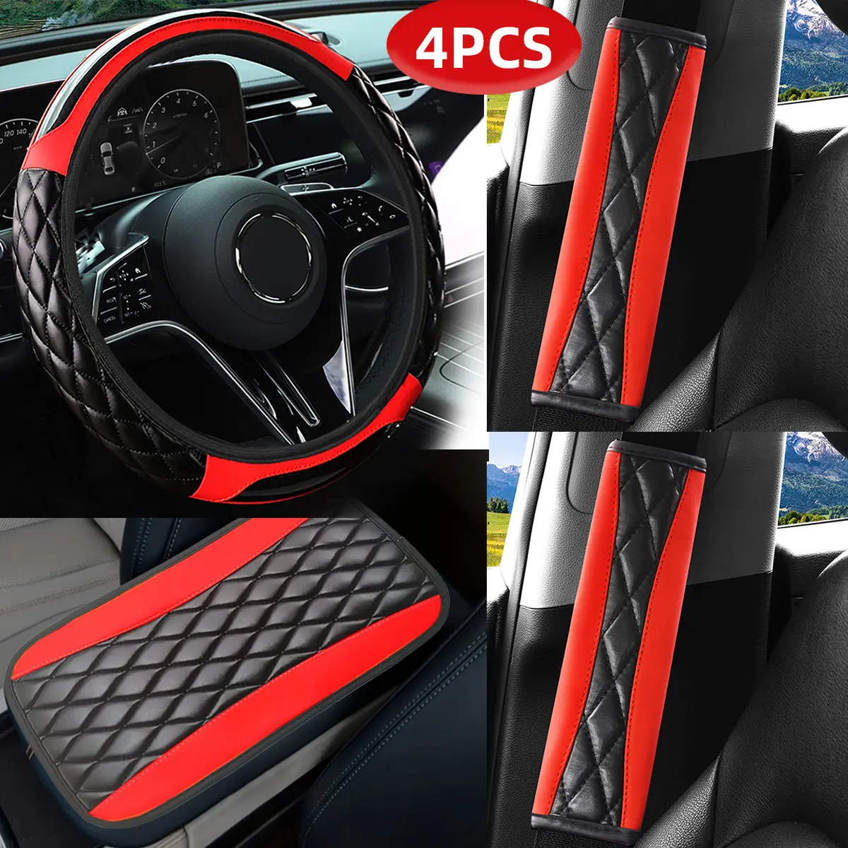 4Pcs/set Crystal Carbon Fiber Leather Auto Parts Set, Car Interior Kit, Retractable Embossed Steering Wheel Cover, Shoulder Pad, Armrest Pad, Car Accessories