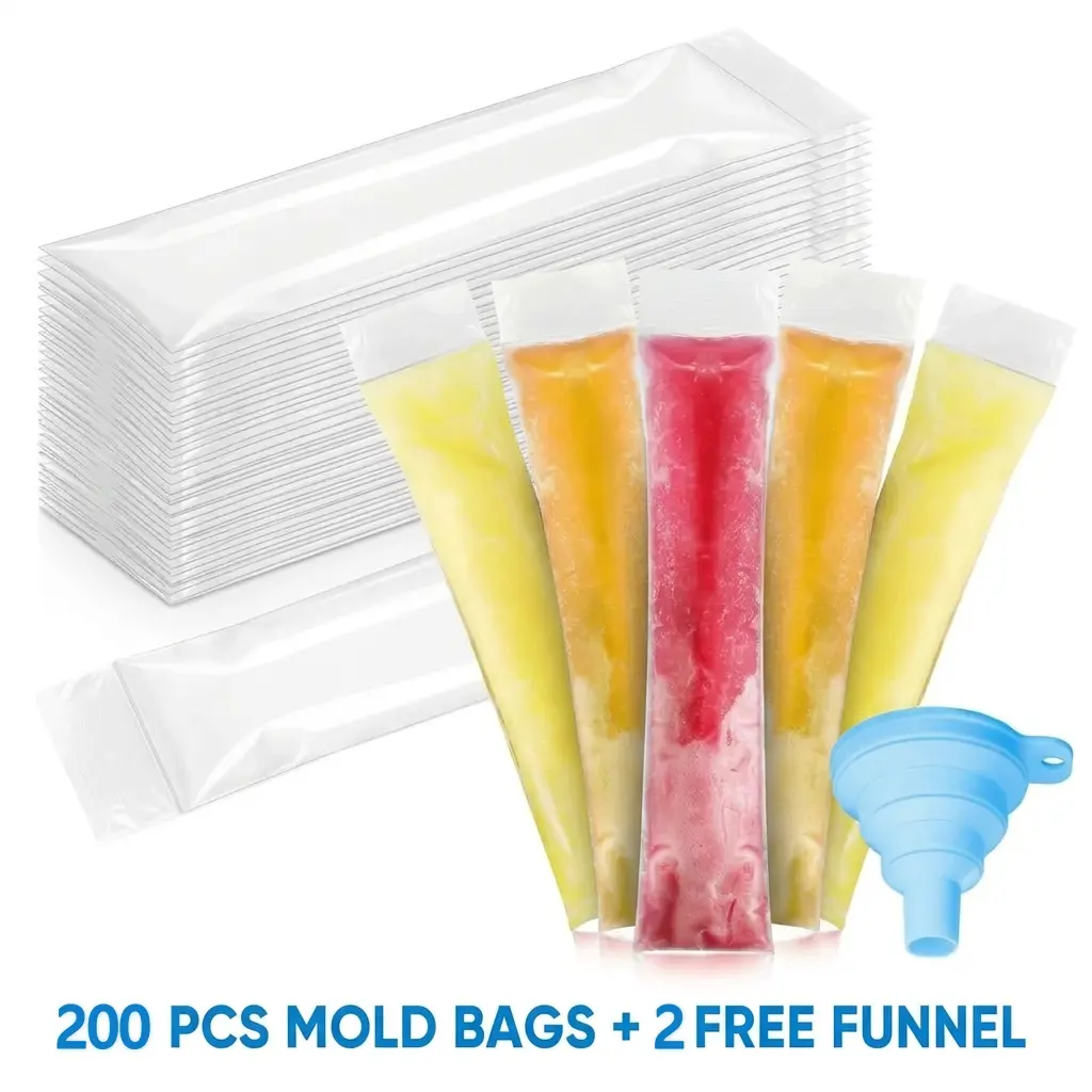 200/100 Packs Ice Pop Bags with Collapsible Silicone Funnel - BPA-Free Food-Grade Leakproof Freezer Pouches, Double Zipper Seal for Smoothies, Homemade Popsicles