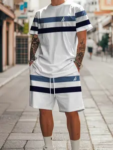 Men's Casual Loose Fit Short Sleeve Tee Set, All-Over Printed Stripe Summer, Striped, Perfect for Parties & Daily Wear, Pack of Two