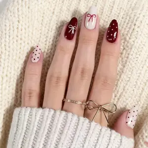 24Pcs Valentines Press on Nails Short Almond Fake Nails Burgundy False Nail with Bow & Spot Designs Acrylic Nails Full Cover Glossy Stick on Nail Holiday Glue on Nail for Women Y2K Inspired Bow Nails Red White Pink Romantic Bow&Polka Dot Pattern Reusable