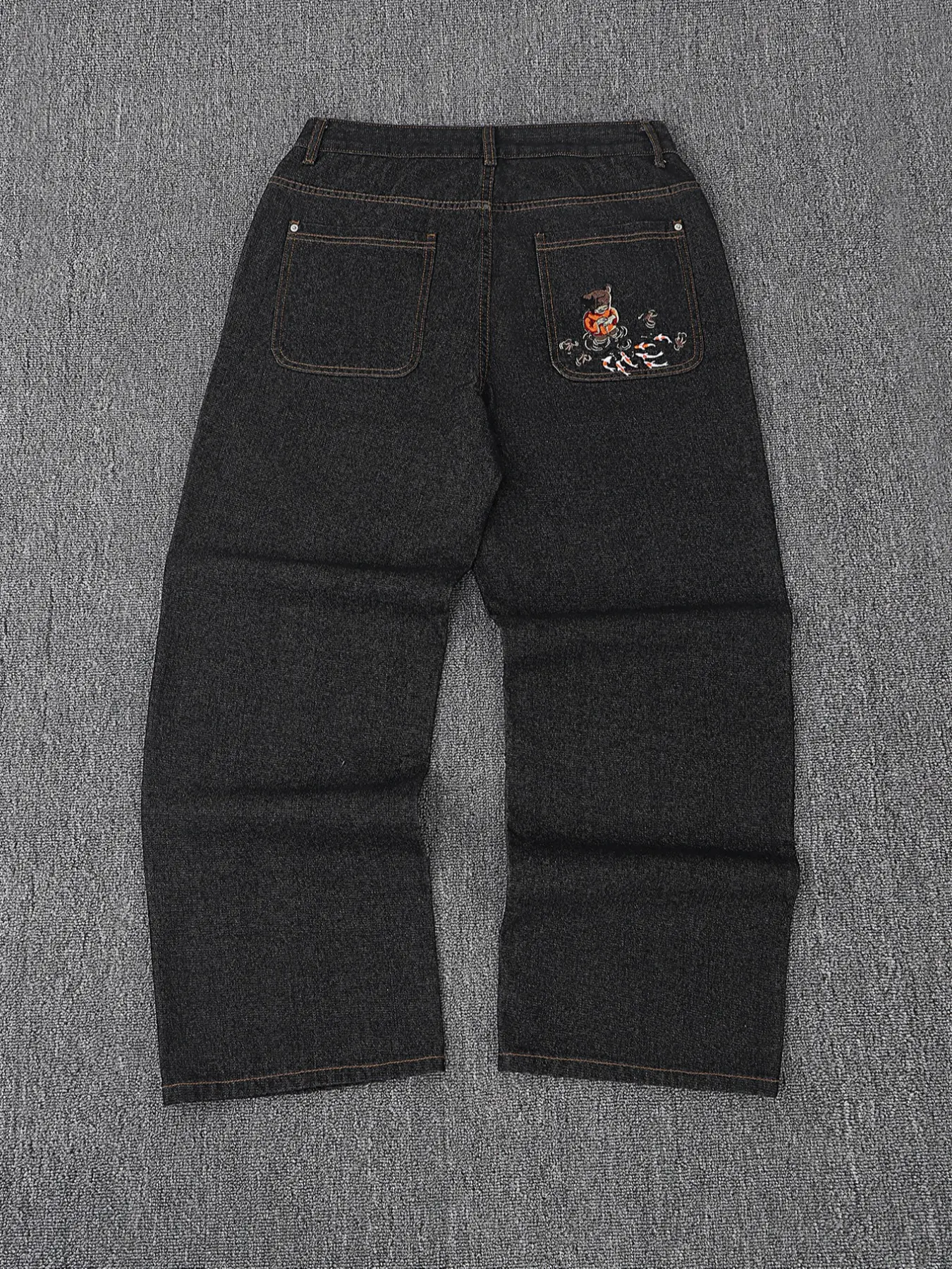 Men's Retro Y2K Style Loose Wide Leg Jeans with Pockets, Fish Embroidery Vintage Street Fashion, Hip Hop Boyfriend Pants, Casual All Seasons, Streetwear, Denim Loose Jeans, Embroidered Casual Jeans