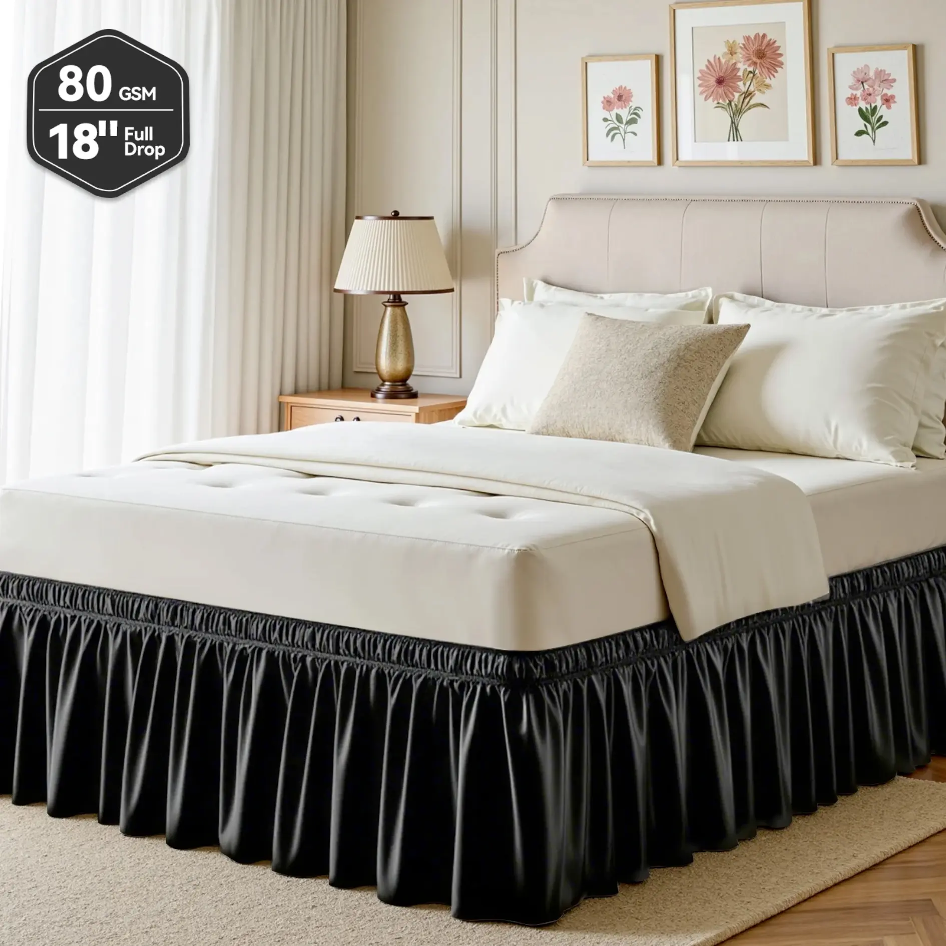 18" Tailored Drop King/Cal King Bed Skirt, 100% Polyester Black Hotel-Quality Dust Ruffle with Adjustable Elastic Belt, Easy-Install Bedding Accessories for Bedroom