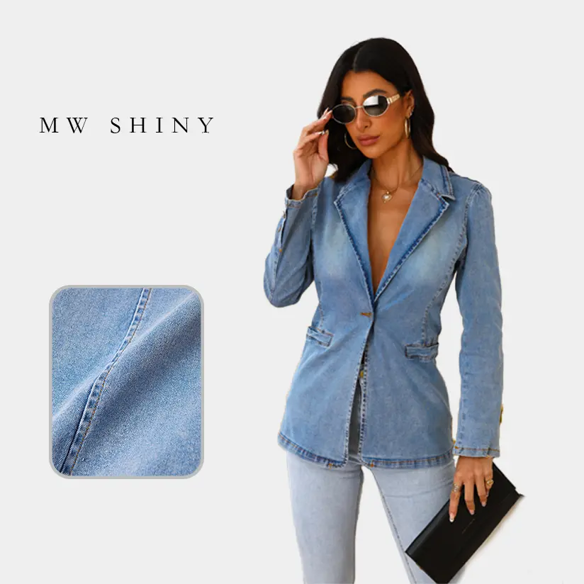 Women's Shiny Stretch Denim Coats, Minimalist Slim Fit Jacket with Long Sleeve, Lightweight Single Button Outerwear