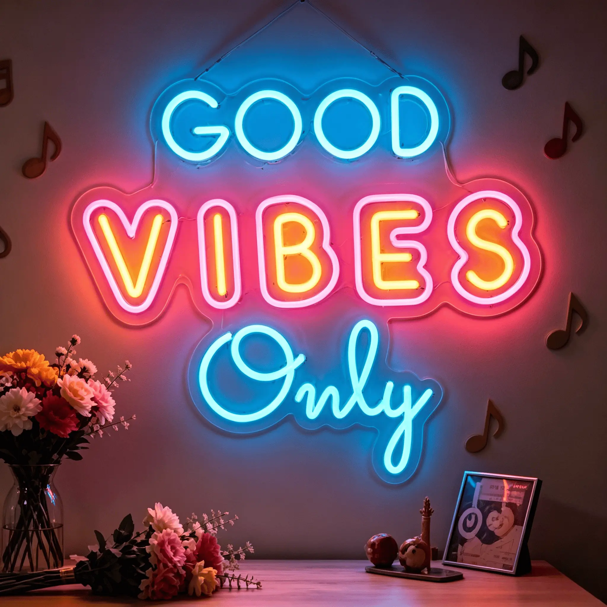 good vibes only neon sign, gradient led neon light, positive wall decor, aesthetic bedroom light, game room neon sign, dorm party decoration, cafe bar wall art, usb wall hanging lamp, trendy salon decor gift