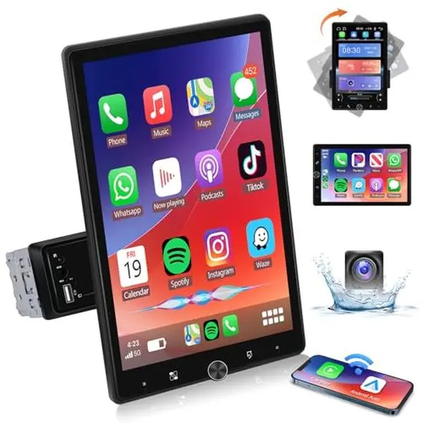 10.4" Single Din Touchscreen Car Video Player - HD Rotatable Display, Wireless CarPlay, Android Auto, Adjustable Bluetooth Radio, Mirror Link, FM Radio, Subwoofer Support, SWC, Backup Camera Compatibility, Voice Control, Father's Day Gift Option