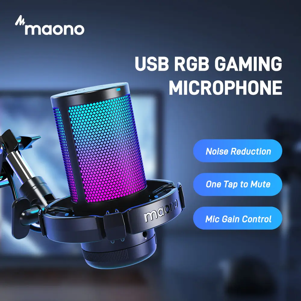 MAONO DGM20S Wired Adjustable Noise-Canceling Game Live Streaming USB Microphone Kit with Boom Arm, RGB-Muted Setup, Mobile Live Streaming Equipment Compatible with PCs, Android Smartphones