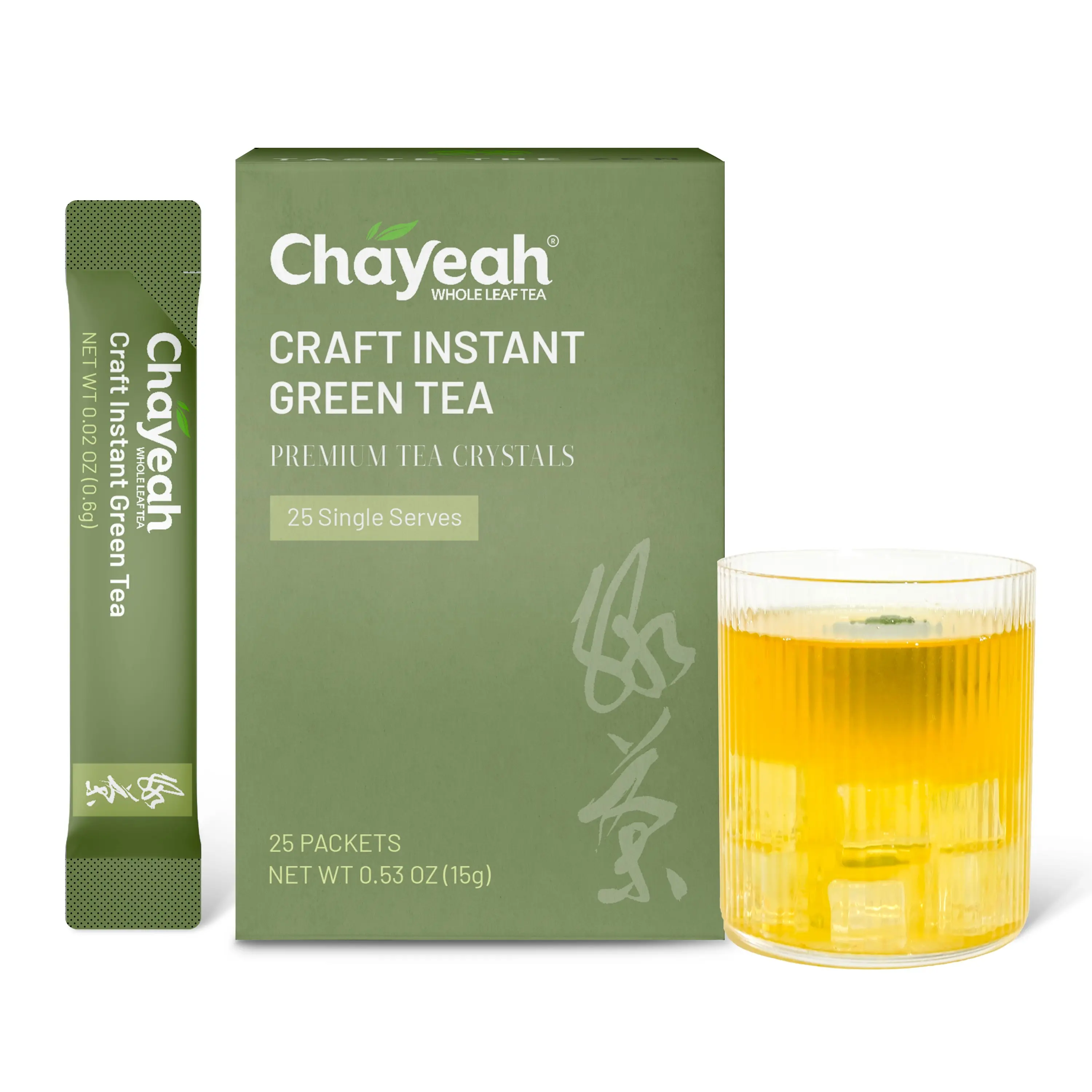 CHAYEAH, Craft Instant Green Tea, Unsweetened Green Tea Powder for Quick Hot & Cold Beverages, 100% Natural On-the-Go Premium Tea Crystals, Caffeinated (25 Single Serve Packets)