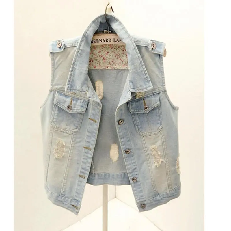 Vibrant S-6XL Spring Summer Vintage Denim Vest Jacket Women Short Outerwear Slim Sleeveless Hole Cowboy Waistcoats Female Casual Tops Fitted Womenswear, effortless layering, chic everyday, refined casual
