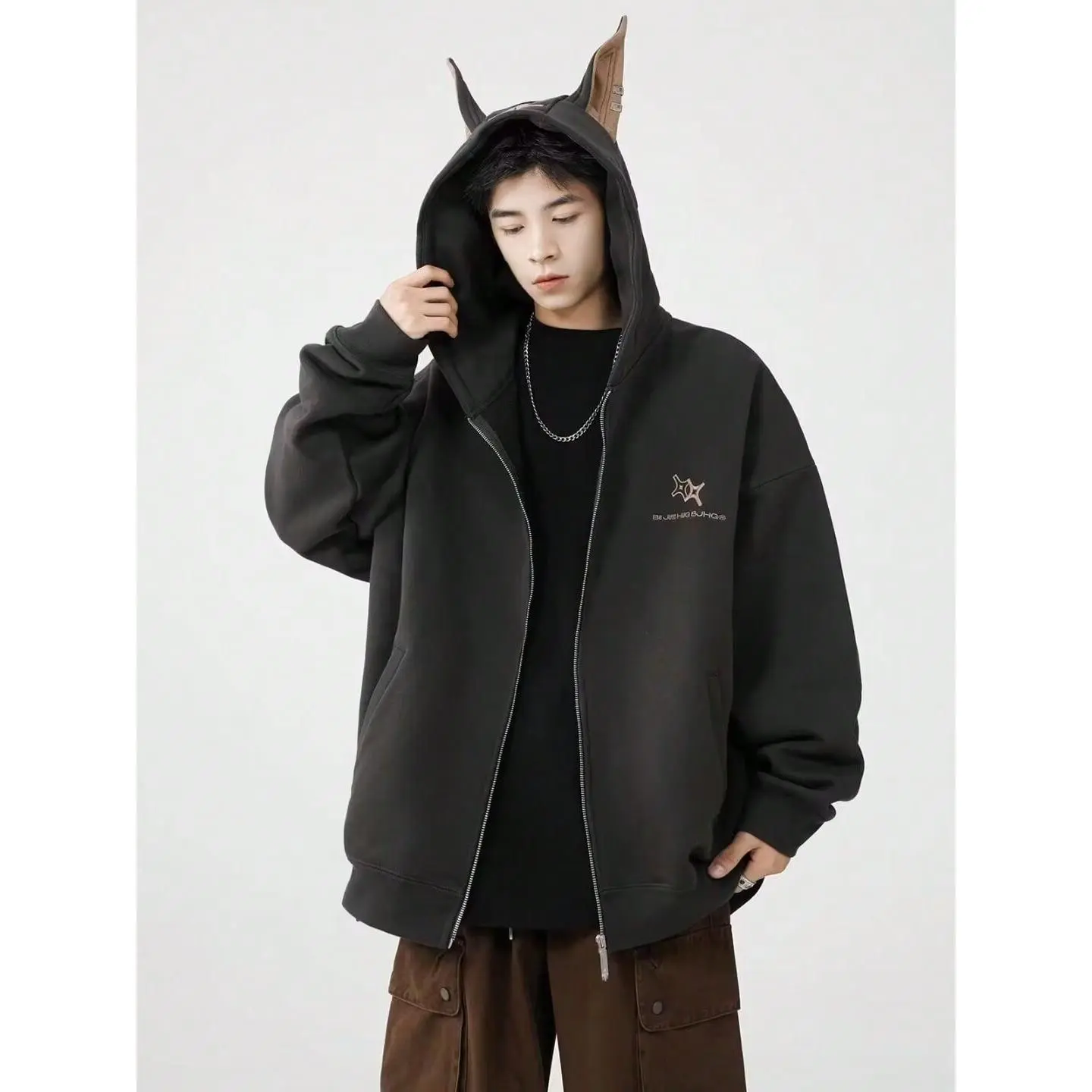 Men's Doberman Sweatshirt, Vintage French Terry Zip-Up Hoodie with Plush Lining, Casual Winter Menswear Tops, Sweatshirts, Stretch, Long, Hem, Sleeve
