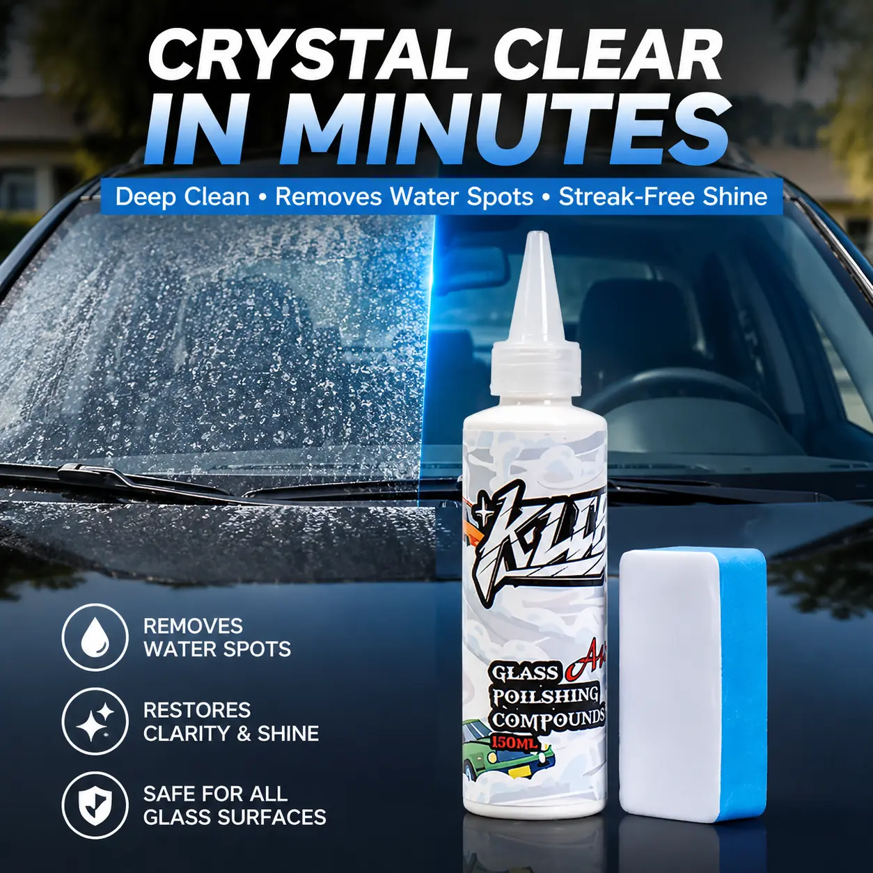 Car Glass Polish & Water Spot Remover – Powerful Windshield Cleaner Formula Removes Stubborn Water Spots, Oil Film & Wiper Residue, Revives Crystal Clear Glass Appearance, Adds Hydrophobic Protection for Automotive Windows & Daily Driving Care