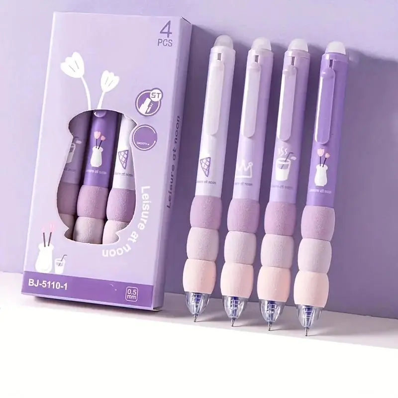 Cute Cartoon Design Gel Pen (4 Counts/set), Erasable Soft Grip Gel Pen, Writing Pen for School & Office, Stationery Supplies, Erasable Gel Pens