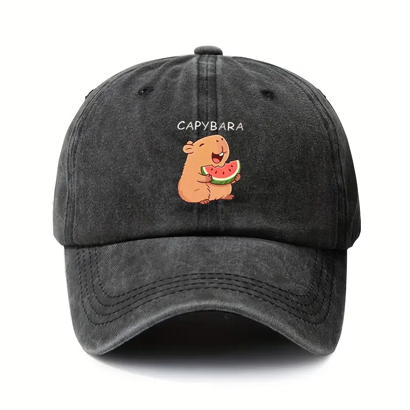 Unisex Retro Vintage Washed Cotton Baseball Cap - Slip-On, Adjustable Fit, Lightweight Graphic Watermelon Print Capybara Design, Spot Clean Casual Dad Bucket Hat for Unisex Wear, Collectible