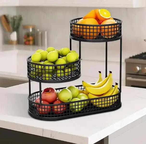 Black Metal 3-Tier Fruit Vegetable Organiser with Wire Mesh - Kitchen Countertop Stackable Storage Rack with Double Tier Option, Ample Storage Space, Home Use for Bread, Onions, Potatoes, Decoration Function