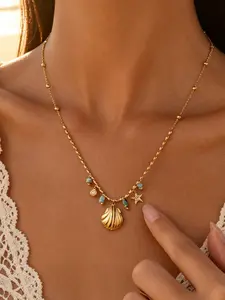 Shell Star Turquoise Beaded Necklace, Gold/silver Color Summer Beach Themed Pendant Chain, Bohemian Vacation Jewelry, Trendy Accessory