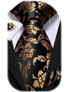 Men's Tie Set with Floral Pattern, Elegant Regular Width Tie, Includes Cufflinks and Square Pocket, All Seasons Wear, Yz-2024-7 Batch