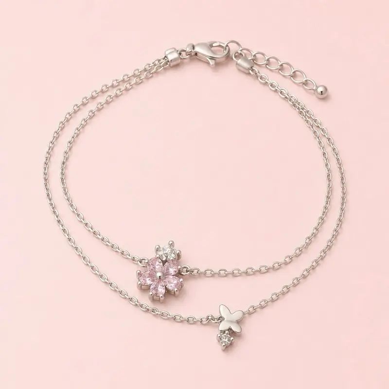 Sakura Flower Bracelet, Classic Elegant Cubic Zirconia Cable Chain Bracelet for Semi Formal Occasions