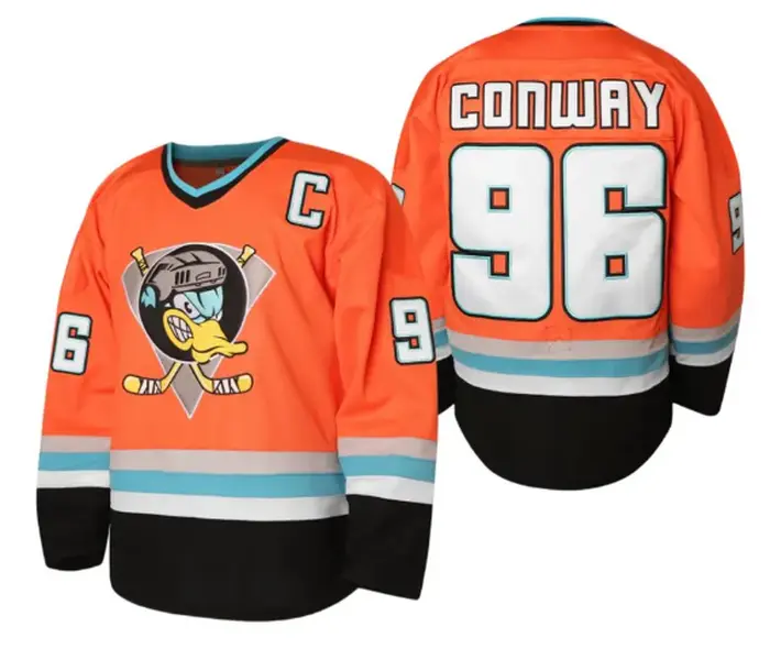 Retro Orange Ice Hockey Jersey Long Sleeve Streetwear Graphic Print Casual Sports Number 96 Angry Duck Emblem V-Neck Oversized Sweater Men Women Activewear Unisex Breathable Game Day Uniform