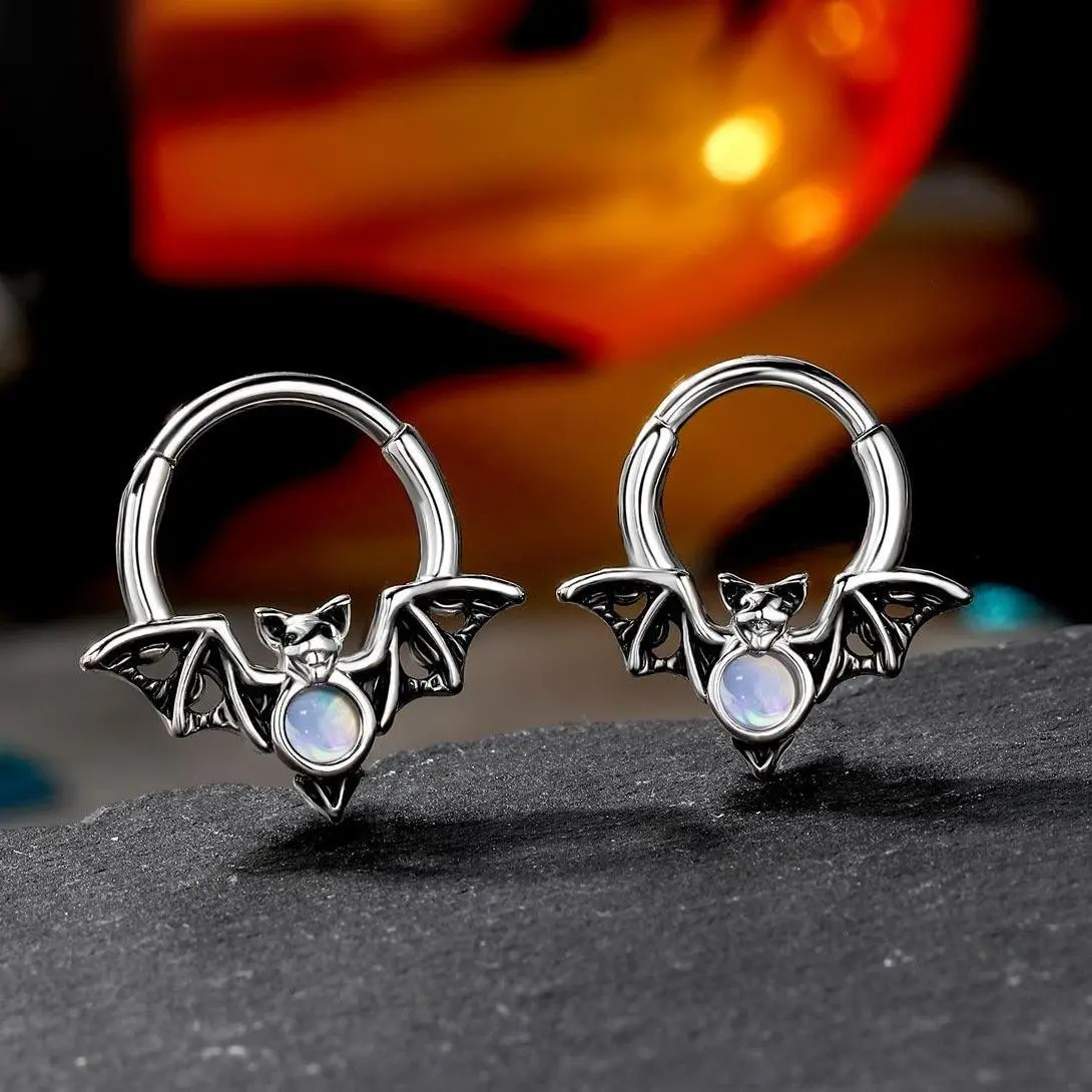 OUFER BODY JEWELRY 16G Septum Ring, Halloween Bat Wing Hoop in Durable 316L Stainless Steel with Moon Cutout & Faux Opal, Hypoallergenic Piercing for Men & Women, Bat Wings, Unisex