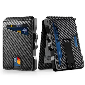 VTLASK Mens Minimalist Wallet 9-13 Card Slots Slim Compact RFID Blocking Bifold Credit Card Holder with Money Clip & ID Window Metal Aluminum Secure Pop Up Design