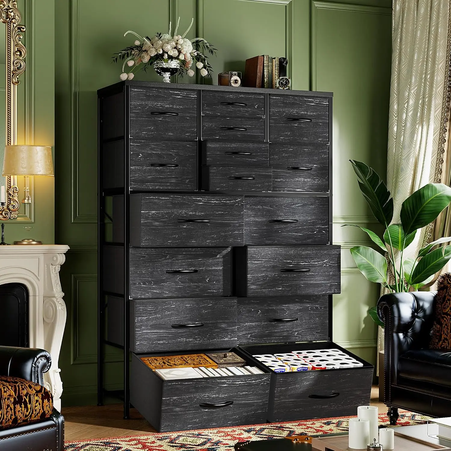 【Summer Refresh】Raybee Furniture 12/16 Drawer Dresser, Tall Fabric Storage Organizer with Sturdy Metal Frame and Wooden Top, Large Capacity& Space Saving Storage Organizer Unit, Modern Chest of Drawers for Bedroom Closet Entryway, Easy to Assemble & Clean