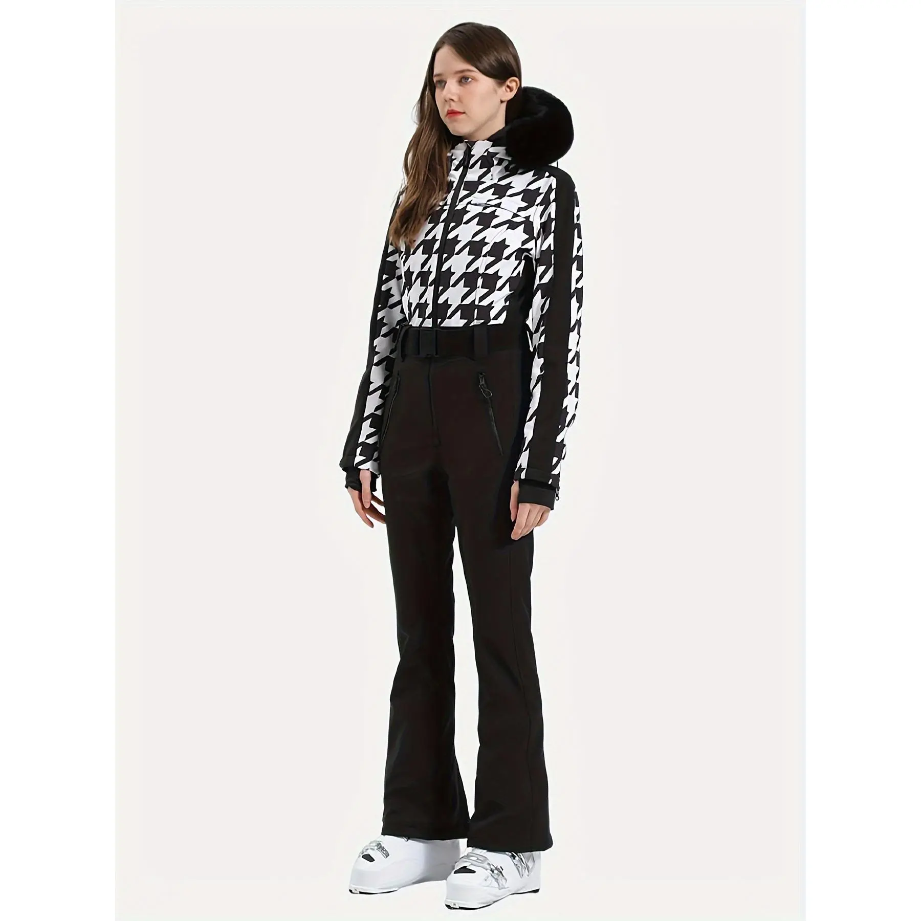 Women's Houndstooth Ski Jumpsuit Waterproof Windproof 30G down Warm Long Sleeves Hooded Ski Suit Suitable for Winter Sports