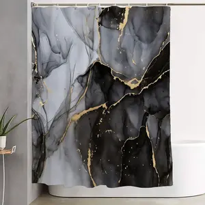 1/4pcs Black White Marble Gold Veins Bathroom Set, Bathroom Supplies - Shower Curtain Sets with Bath Mat, Toilet Seat Cover & Rug, U-Shaped Bidet Cover, 12 Hooks - Perfect for Modern Bathroom, Ideal for Mother's Day, Christmas, Valentine's