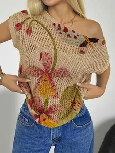 Spring Summer Women's Beach Vacation Style Asymmetric Neck Shoulder Reveal Batwing Sleeve Semi-Transparent Lace, Floral Print Knit Top