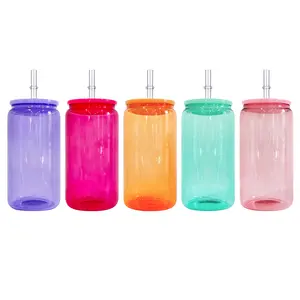 25pcs/50pcs USA warehouse blank sublimation colored jelly 16oz beer glass can with colorful plastic lids, for sublimation and UV DTF wraps Drinkware Straw