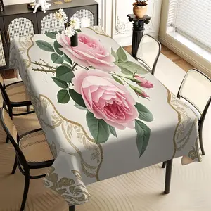 JIT 1pc 2D flat stylish pink gold rose floral pattern rectangular tablecloth for dining table, suitable for kitchen, living room, and dining room, kitchen accessory, party, room & outdoor decorative tablecloth, a tablecloth gift for friends