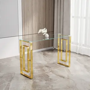 Stainless Steel Glass Console Table|Golden Clear Side Table|Modern Meal Accent Table|Sleek Metal and Glass Design|Living Room End Table|Contemporary Hallway Table|Dining Room Side Table|Luxury Clear Furniture|Sturdy Reflective Surface|