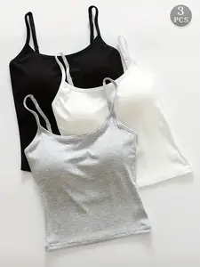 2026 Fashion Women's 3-Piece Basic Ribbed Tank Top Set, Adjustable Straps Padded Bralette, Casual Sleeveless Fitted Top, Pure Color, Daily Wear, Sporty Style