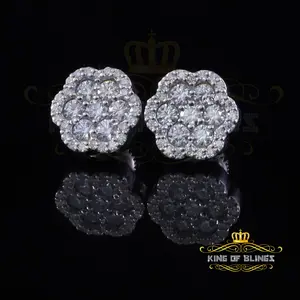 King of Bling's 1.50ct VVS 'D' Moissanite Men's/Womens 925 Silver White Floral Stud Earrings
