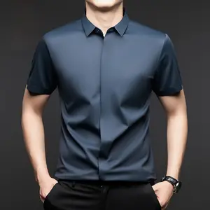 Men's Mulberry Silk Short Sleeve Shirt 2025 Summer Stretch Business Casual Solid Color Ice Silk Shirt Men's Clothing