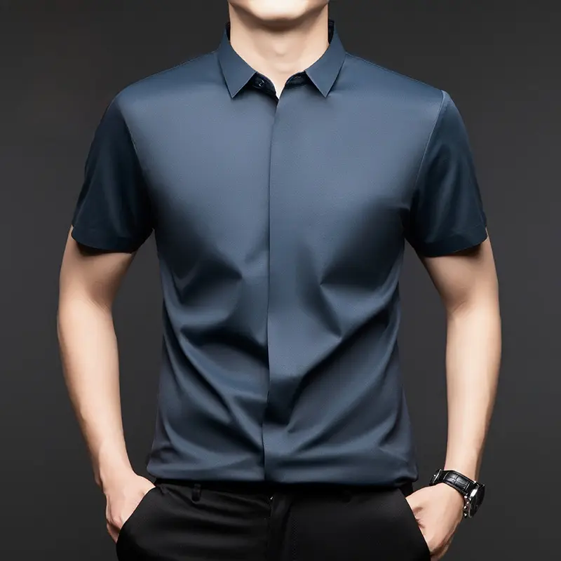 Men's Mulberry Silk Short Sleeve Shirt 2025 Summer Stretch Business Casual Solid Color Ice Silk Shirt Men's Clothing