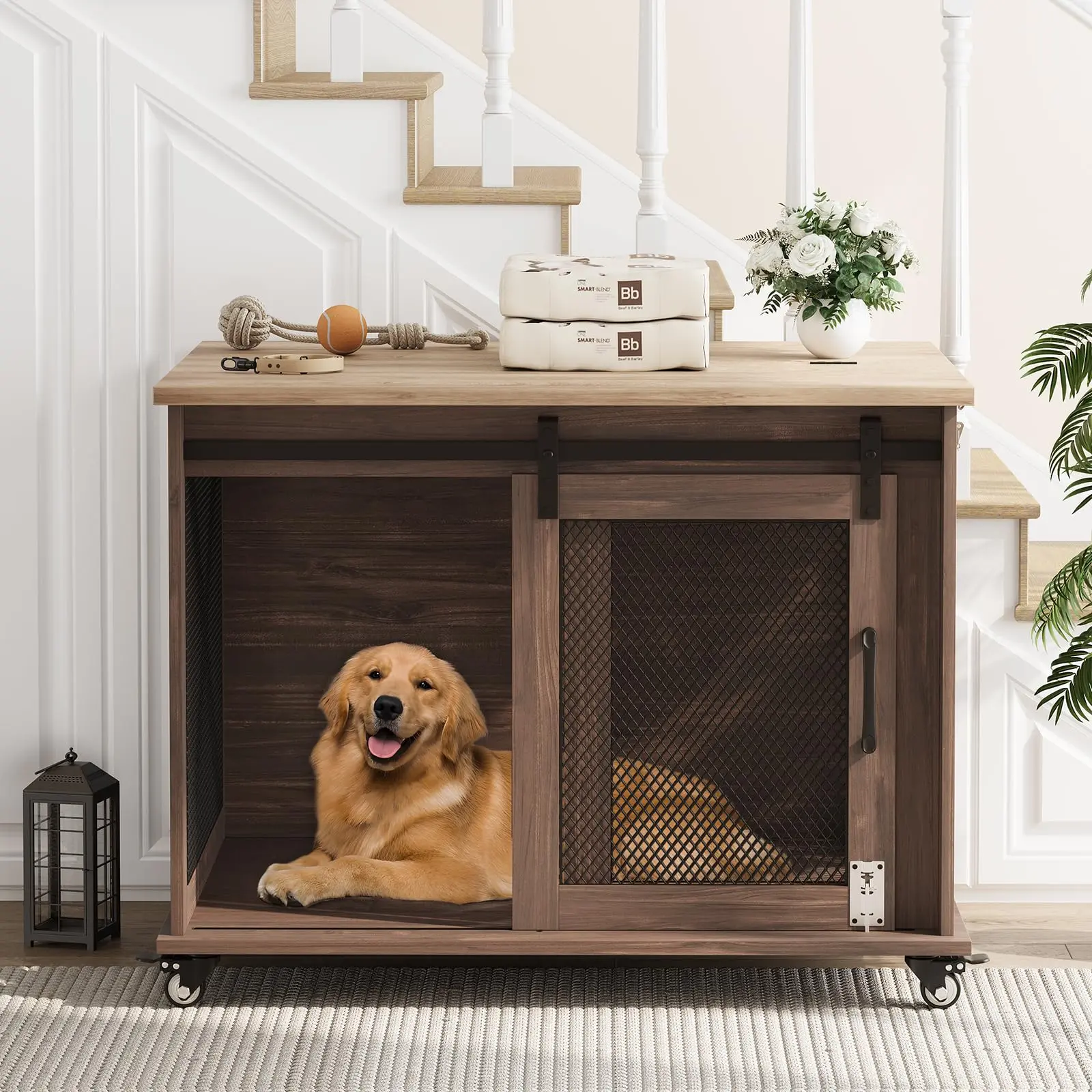 Garvee 37 Inch Farmhouse Wooden Dog Crate with Sliding Barn Door, Flip Top & Movable Divider, Wheels, Indoor End Table Dog House for Medium Dogs, Light Oak Tabletop & Dark Cabinet